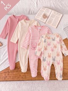 Newborn Home Jumpsuit, Cartoon Pink & Grey Rabbit All-Over Print Baby Long Sleeve Footed Romper, Snap Crotch Newborn Bodysuit, Baby Girl Spring/Autumn Home Sleep & Outdoor Footed Crawler - Multicolor - View 2