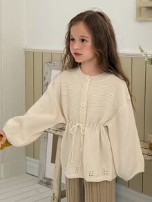 Dazy Kids Young Girls Loose Long Sleeve Autumn/Winter Cinched Waist Tie-Front Cardigan Thick Sweater - Apricot - View 1