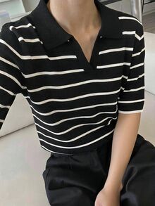 DAZY Women's Collared Striped Pullover Short Sleeve Sweater - Black and White - View 4