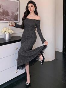 DAZY Women's Square Neck Lace Patchwork Soft Fitted Long Dress Fall - Dark Grey - View 2