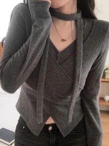 DAZY Women's Autumn/Winter Casual Cross Wrap T-Shirt - Grey - View 7