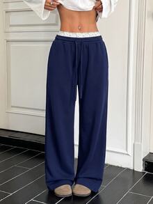 SHEIN EZwear Women's Casual Comfortable Navy Blue Solid Color With White Lace Patchwork Long Pants, Fall Clothes For Women, Winter Clothes For Women, Fall Winter 2026 - Royal Blue - View 5