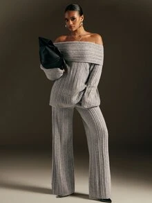 Hauture Women's Autumn/Winter Gray Slouchy Loose Ribbed Turn-Down Collar Neck Street Style Relaxed Sweater 2 Pieces Set - Grey - View 1