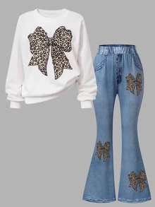 SHEIN Tween Girls' Autumn/Winter Leopard Print Bow Set, Fall Outfits, Fall Tops, Holiday Outfits, Casual, Comfortable - Multicolor - View 5