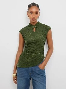 Maija Dark Green Velvet Jacquard Women's Top New Chinese Style Frog Button Short Sleeve Summer Waist-Cinching Slim Fit Elegant Vintage 90s Retro Brunch - Green - View 4