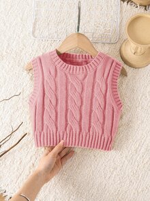SHEIN 少女甜美時尚麻花編織背心外套 - 粉色 - 查看 6