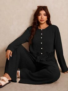 Elaquor Plus Size Autumn Casual Solid Color Lace Patchwork Top And Pants 2 Pieces Set Winter - Black - View 6