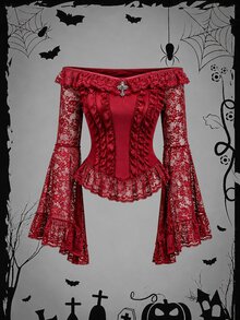 Rometta Plus Size Velvet Contrast Lace Cold Shoulder Top, Extra Long Bell Sleeves, Women's Blouse For Halloween, Red Party Evening Summer Goth Elegant - Burgundy - View 1