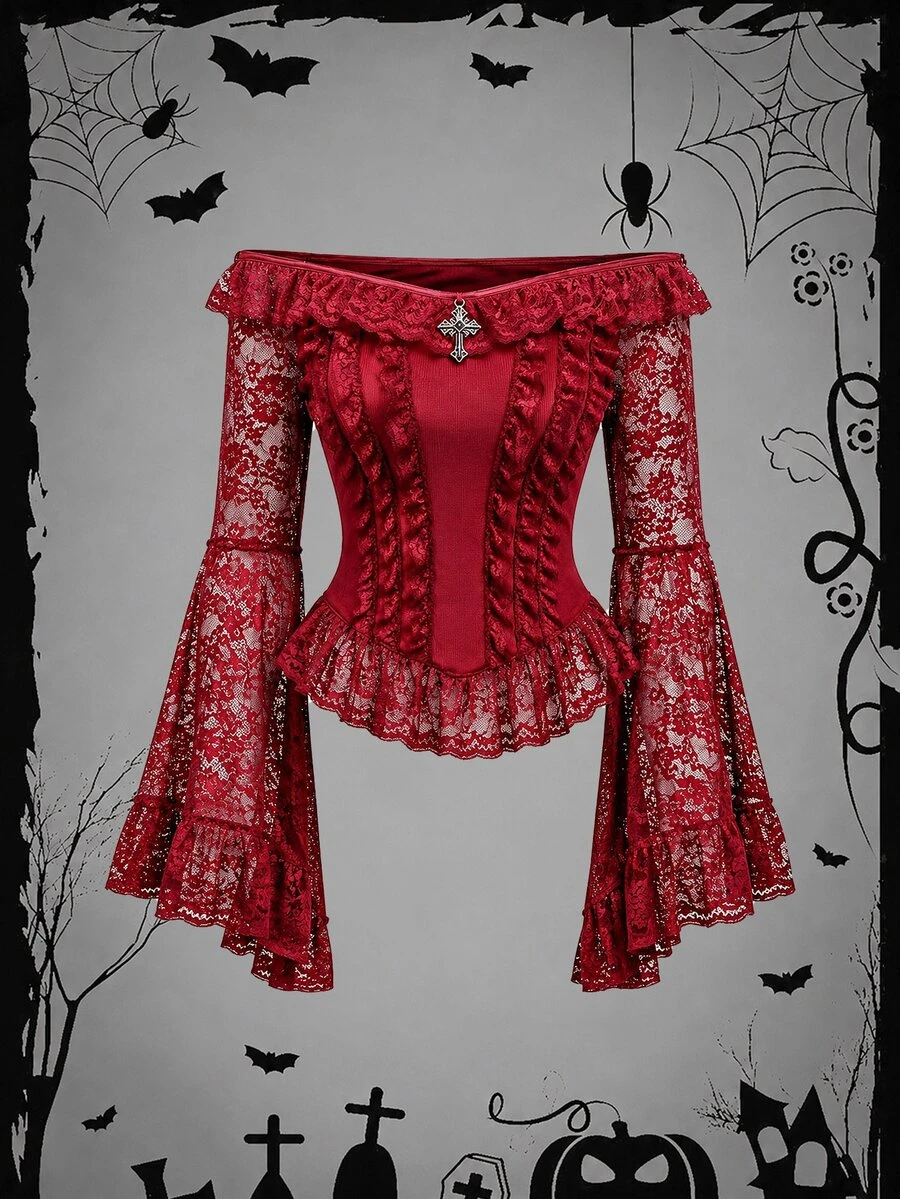 Rometta Plus Size Velvet Contrast Lace Cold Shoulder Top, Extra Long Bell Sleeves, Women's Blouse For Halloween, Red Party Evening Summer Goth Elegant - Burgundy - View 1
