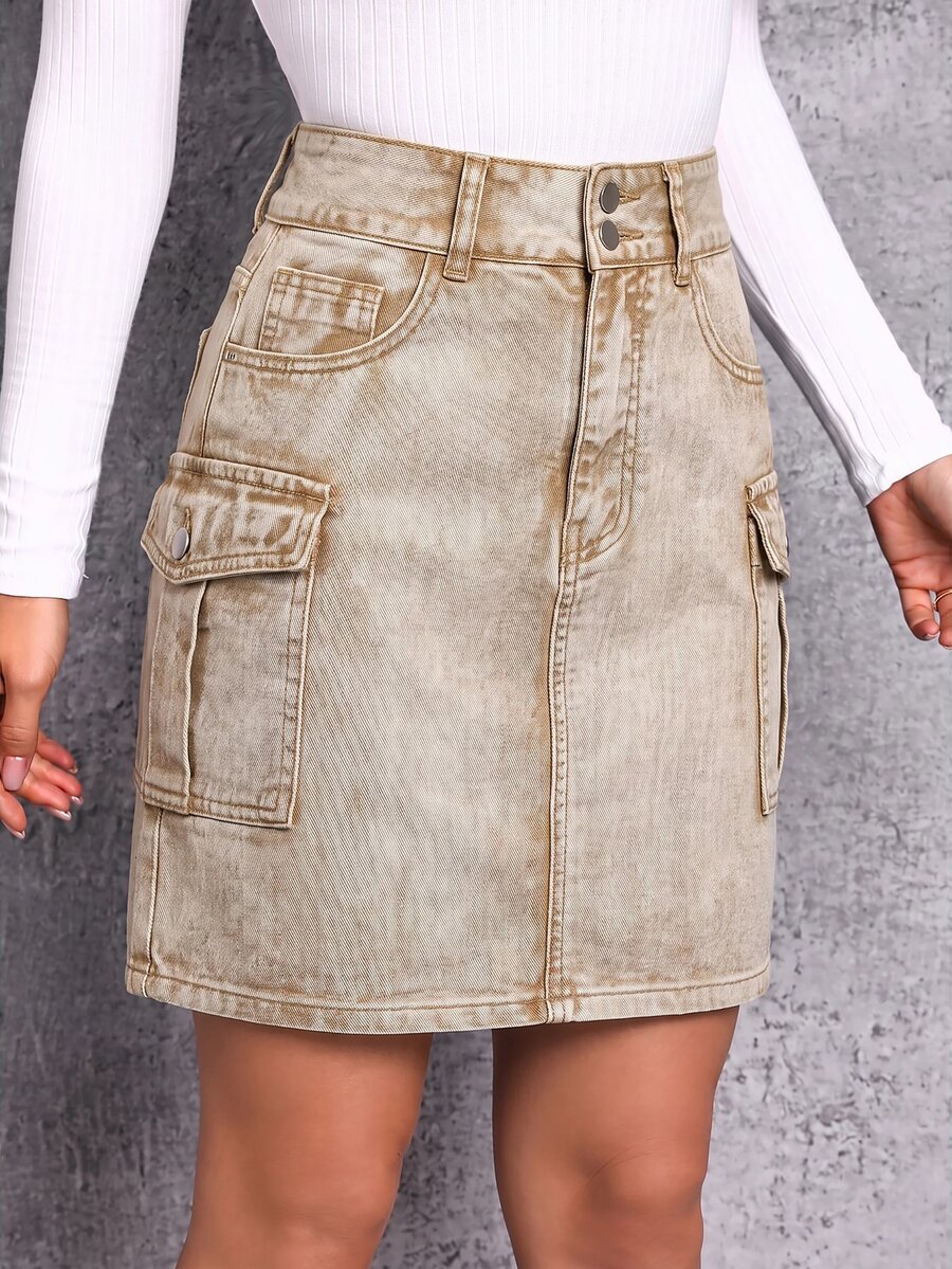 SHEIN Essnce 女款高腰工裝口袋休閒牛仔裙 - 駝色 - 查看 1