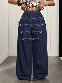 Slaydiva Celana Jeans Denim Wanita Kasual Serbaguna untuk Pemakaian Harian dengan Ujung Rumbai - Dark Wash - View 8