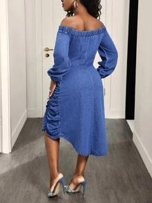 Slaydiva Slimming Elegant Casual Women's Denim Dress - Blue - View 2