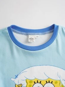 SpongeBob SquarePants | SHEIN Tween Boy Round Neck Short Sleeve T-Shirt And Shorts Lounge Set - Blue - View 3