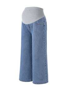 SHEIN Maternity Casual Washed Wide Leg Denim Jeans - Medium Wash - View 3