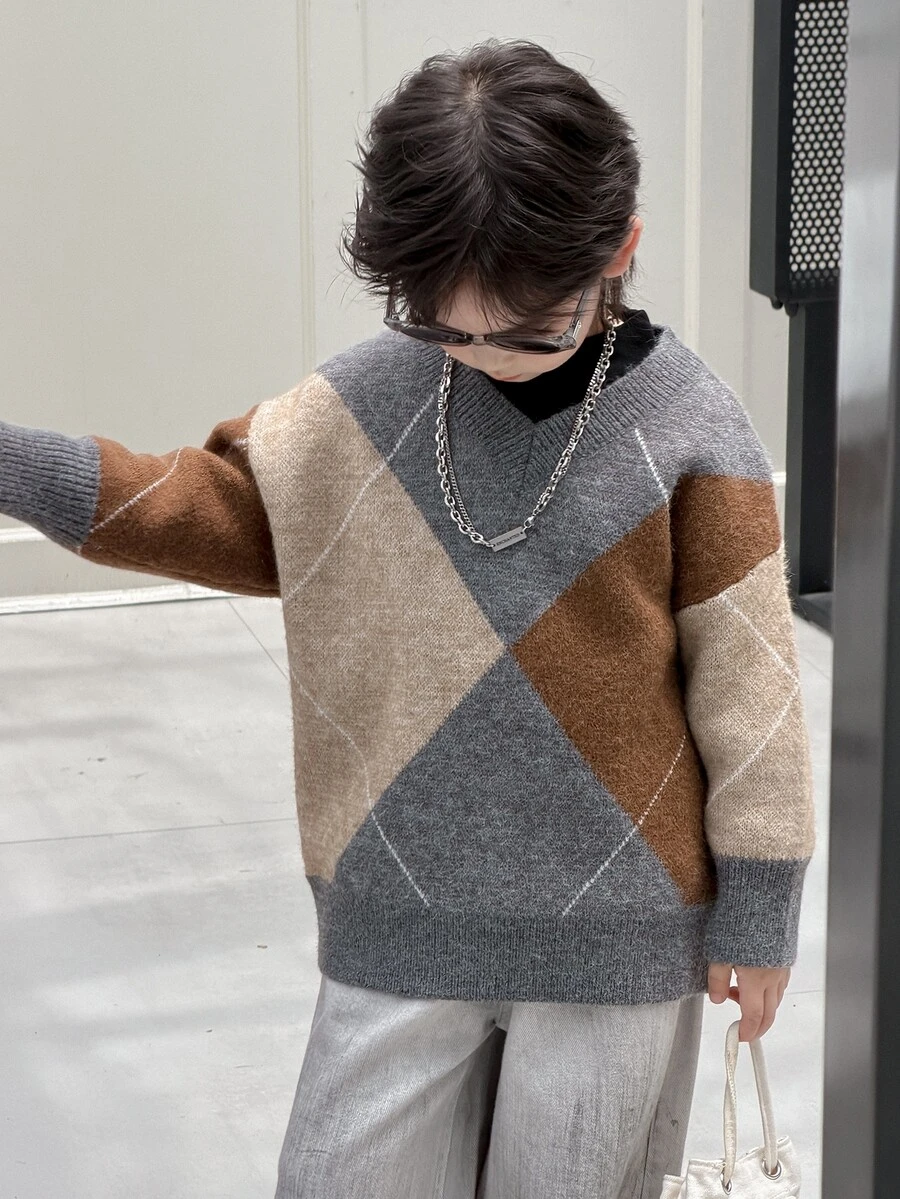 Dazy Kids Young Boys Plaid Loose Casual Inner Layer Sweater Top Autumn/Winter - Brown - View 1