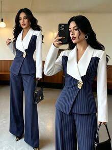 Elenzga Autumn Commute 2 Pieces Set Striped Patchwork Elegant Office Wear Women's 2 Pieces Set - Blue - View 1