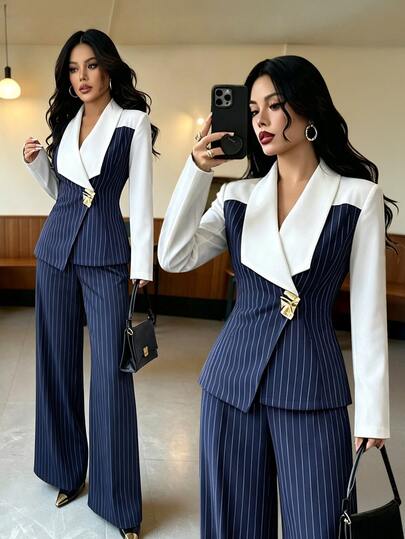 Elenzga Conjunto de 2 piezas para mujer, estilo elegante de oficina, con diseño de rayas y patchwork, para ir al trabajo en otoño