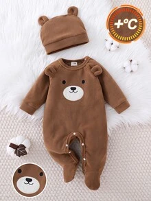 Set Pakaian Rumah Bayi Baru Lahir Nyaman, Lembut, Mewah, Warna Cokelat Kopi, Motif Beruang Teddy, Bordir Patch, Telinga 3D, Kancing Jepret, Leher Bulat, Lengan Panjang, Romper dengan Penutup Kaki dan Topi - Coffee Brown - View 4