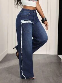 Slaydiva Women's Casual Daily Denim Straight Leg Pants With Pockets And Buttons - Dark Wash - View 5