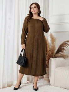 Lacomfia Plus Size Vintage Lace Fashion Long Sleeve Sweater Dress For Vacation - Brown - View 4