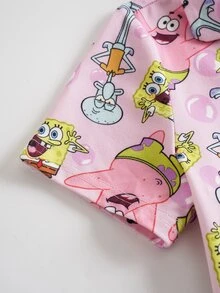 SpongeBob SquarePants | SHEIN 女童卡通印花短袖上衣與短褲居家休閒套裝 - 彩色 - 查看 4