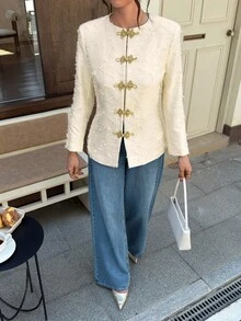 EastFlair Women's Chinese Style Frog Button Long Sleeve Elegant Jacket Dinner Everyday Gold And White Fall/Winter New Year Outfit - White - View 6