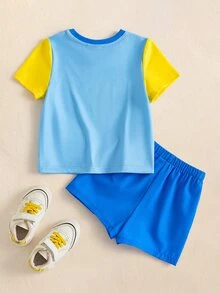 SpongeBob SquarePants | SHEIN 男嬰字母卡通印花短袖T恤與短褲休閒日常套裝 - 藍色 - 查看 2