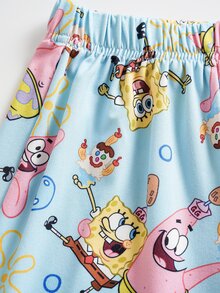 SpongeBob SquarePants | SHEIN Young Boy Cartoon Print Short Sleeve Top And Shorts Casual Daily Home Pajama Set - Blue - View 5