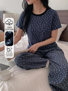 DAZY 2件組碎花拼接配色短袖T恤與長款睡褲套裝，夏季女款睡衣 - 藏蓝色 - 查看 1