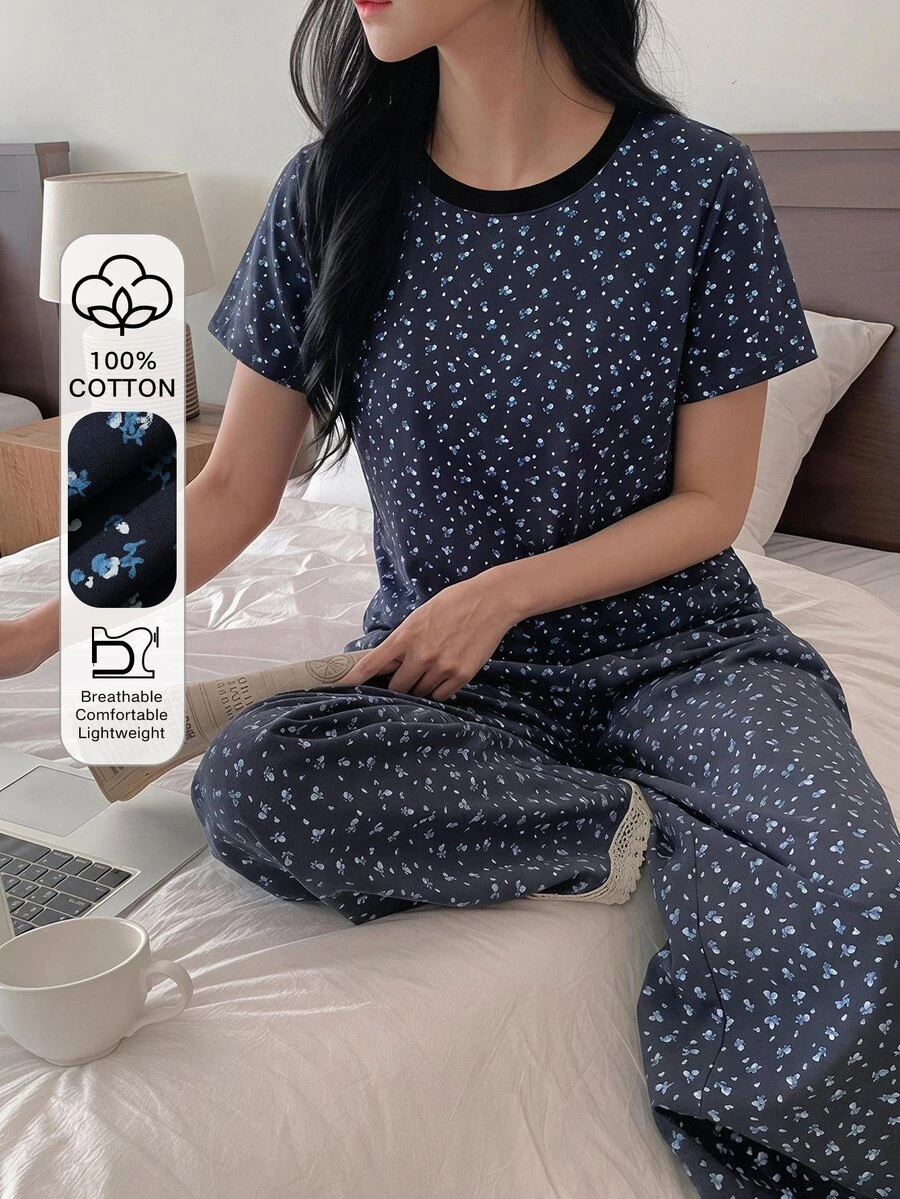 DAZY 2件組碎花拼接配色短袖T恤與長款睡褲套裝,夏季女款睡衣 - 藏蓝色 - 查看 1