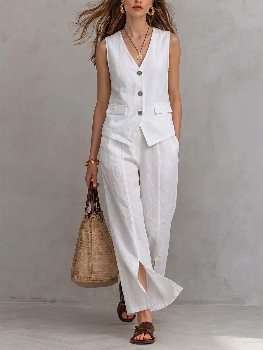 SHEIN Women's Casual Commuter Vest & Long Pants 2 Pieces Set - White - View 1