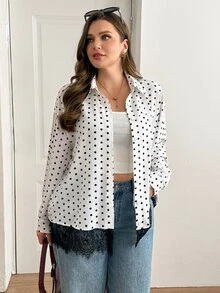 SHEIN Essnce 大尺碼女款波點圖案對比蕾絲下擺單排扣襯衫 - 白色 - 查看 3