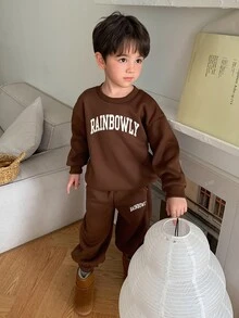 Dazy Kids Young Boy Coffee-Colored Knit Letter Print Sweatshirt And Sweatpants Set Hoodies - Coffee Brown - View 6