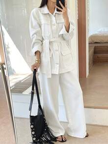 Dazy Tall Women's Waist-Cinched Loose Blouse And Loose Straight-Leg Pants Casual 2 Pieces Denim Set - White - View 7