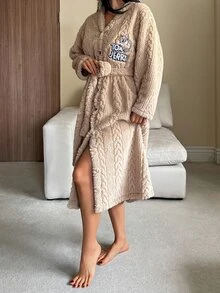 TOM AND JERRY X DAZY Winter Cartoon Pattern Embroidered Plush Thick Women's Robe - Khaki - View 6
