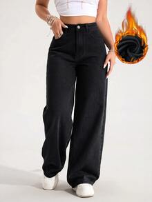 SHEIN ICON Women's Casual Versatile Denim Long Pants With Pockets And Buttons For Daily Wear - Black - View 4