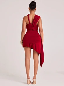 NYA SZN Minikleid ärmellos mit gekreuztem Ausschnitt, Twist-Träger, einem Ärmel, Bindedetail an der Seite, High-Low-Saum, figurbetont, Cocktailkleid für Nachtausgang und Party, Rot, Sommer, Herbst, Bandage - leuchtend rot - Übersicht 7