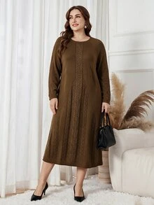 Lacomfia Plus Size Vintage Lace Fashion Long Sleeve Sweater Dress For Vacation - Brown - View 6
