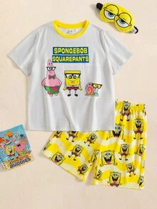 SpongeBob SquarePants | SHEIN 大童男孩字母卡通印花短袖上衣與短褲休閒日常居家睡衣套裝 - 淺灰色 - 查看 1