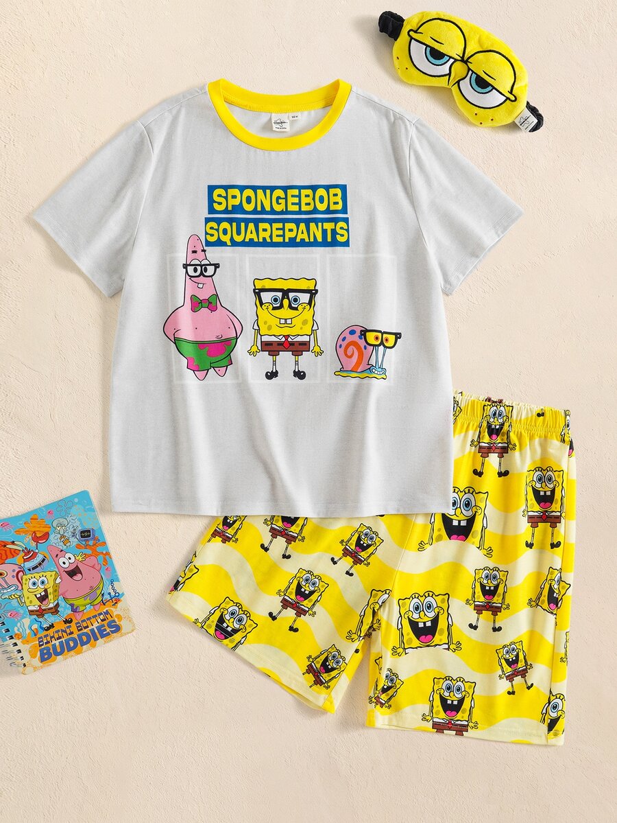 SpongeBob SquarePants | SHEIN 大童男孩字母卡通印花短袖上衣與短褲休閒日常居家睡衣套裝 - 淺灰色 - 查看 1