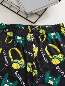 SHEIN 2件組兒童青少年男孩休閒日常舒適印花足球圖案圓領套頭睡衣上衣與長褲針織居家服套裝 - 灰色 - 查看 5