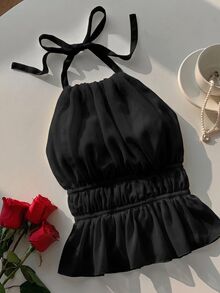 SHEIN EZwear 春夏女款黃色抓皺掛脖收腰露背綁帶背心上衣 - 黑色 - 查看 4