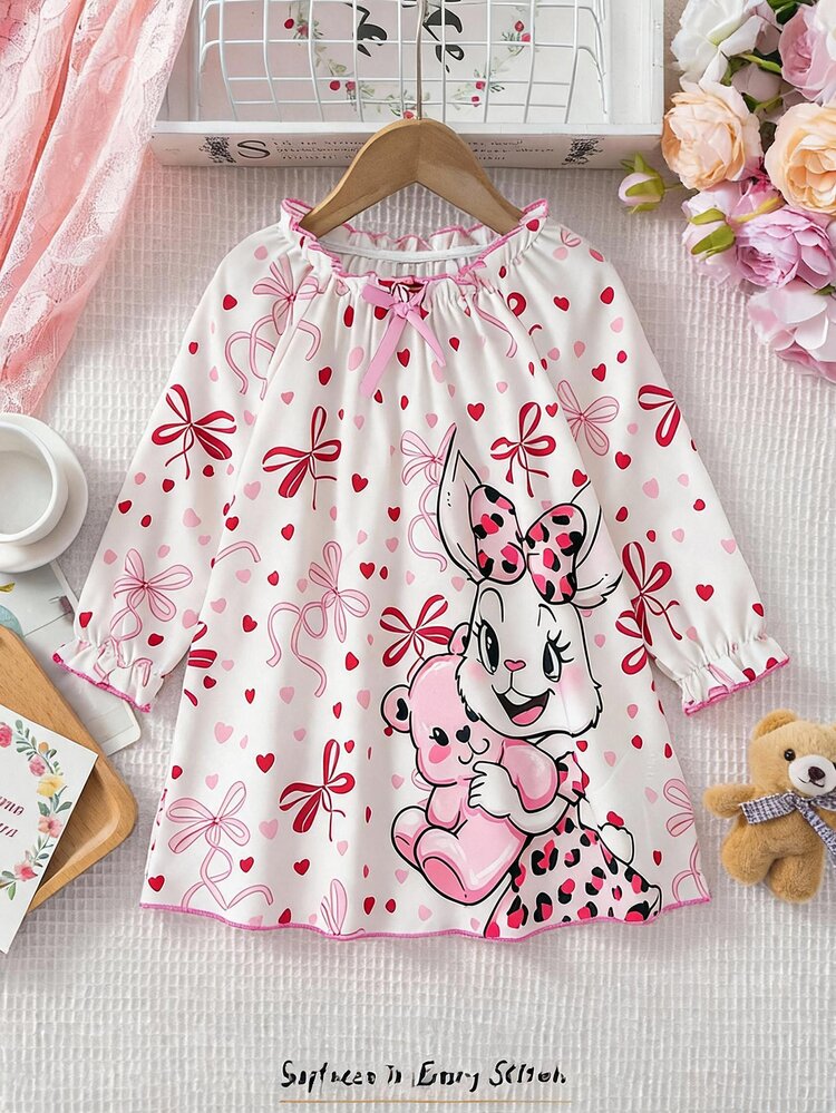 Cozy Pixies Baby Girl Bowknot Pattern Round Neck Long Sleeve Dress, Versatile And Comfortable - Baby Pink - View 1