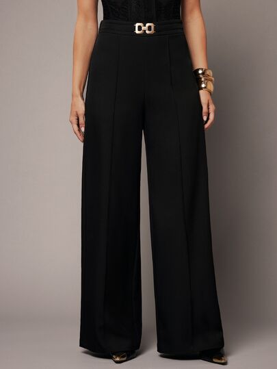 Silquee Women's Solid Color Waist Metal Design Wide Leg Elegant Suit Pants