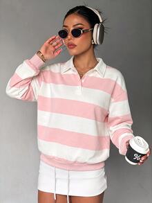 Dewbera Dewbera Color Block Striped Casual Sports Sweatshirt - Pink - View 3