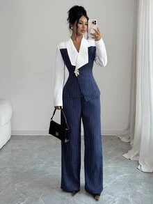 Elenzga Autumn Commute 2 Pieces Set Striped Patchwork Elegant Office Wear Women's 2 Pieces Set - Blue - View 7