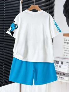 SHEIN 小男孩休閒簡約字母卡通印花短袖T恤短褲套裝 - 彩色 - 查看 3