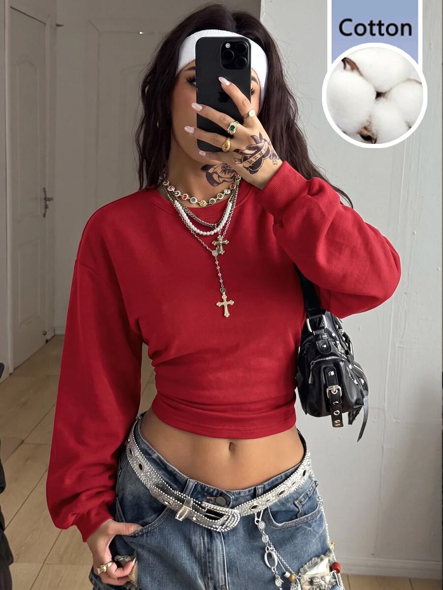 Coolane Women's Solid Color Streetwear Ruched Waist Cropped Sweatshirt - Red - View 1