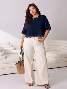 Solflare Plus Size Women's Solid Color Casual Versatile Daily Wear T-Shirt - Navy Blue - View 5