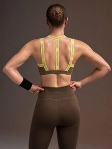 Powerista Áo ngực thể thao nữ phối màu patchwork in chữ - màu nâu - Xem 5
